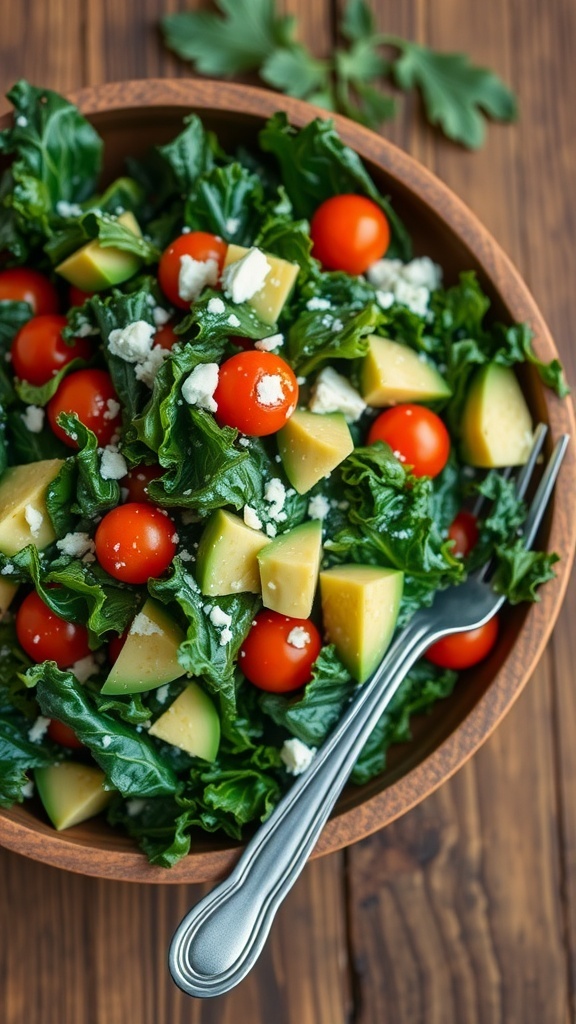 A fresh kale salad with avocado, cherry tomatoes, and feta cheese in a wooden bowl.